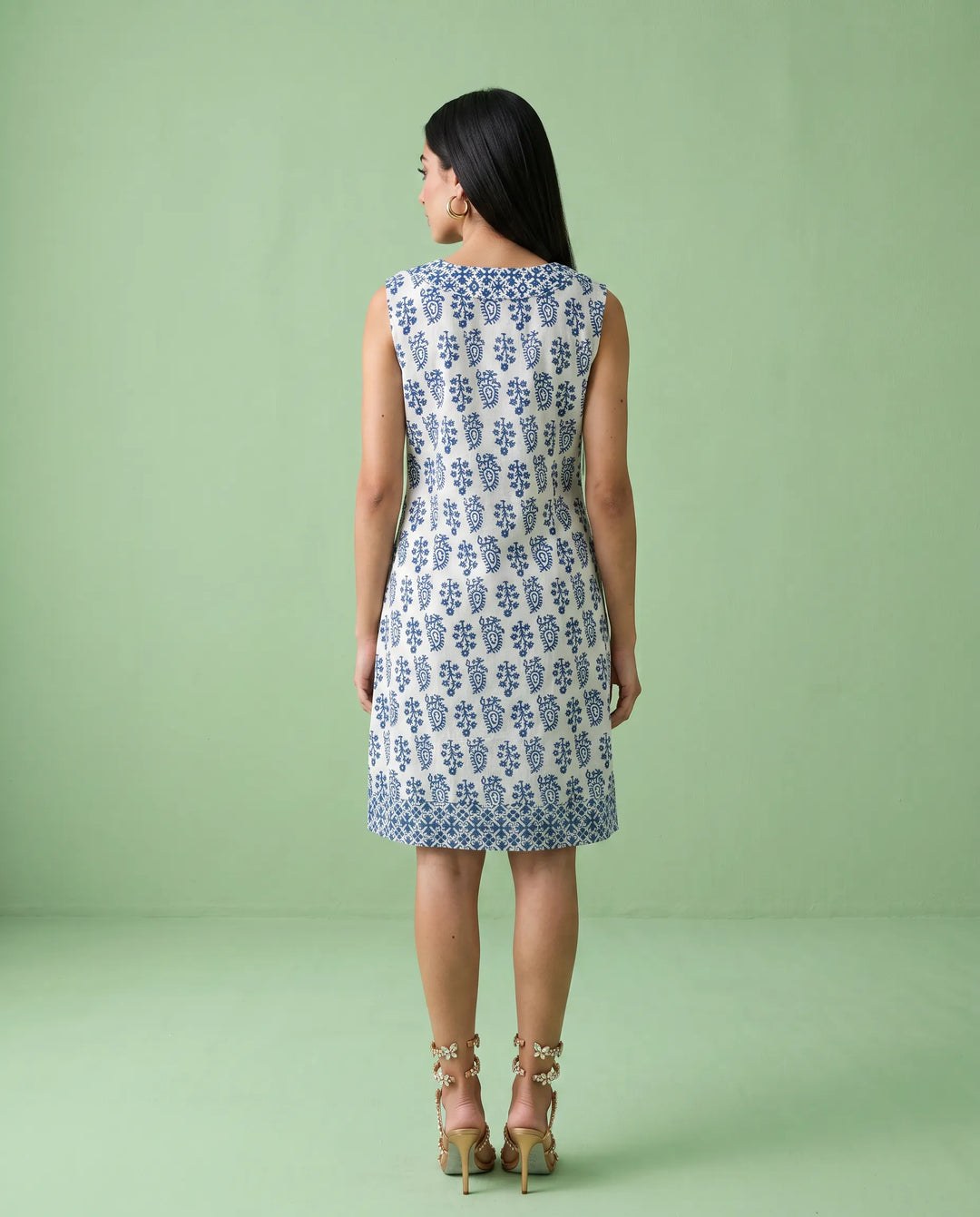 Blue Printed Pure Cotton Hand-Block Printed Midi Dress