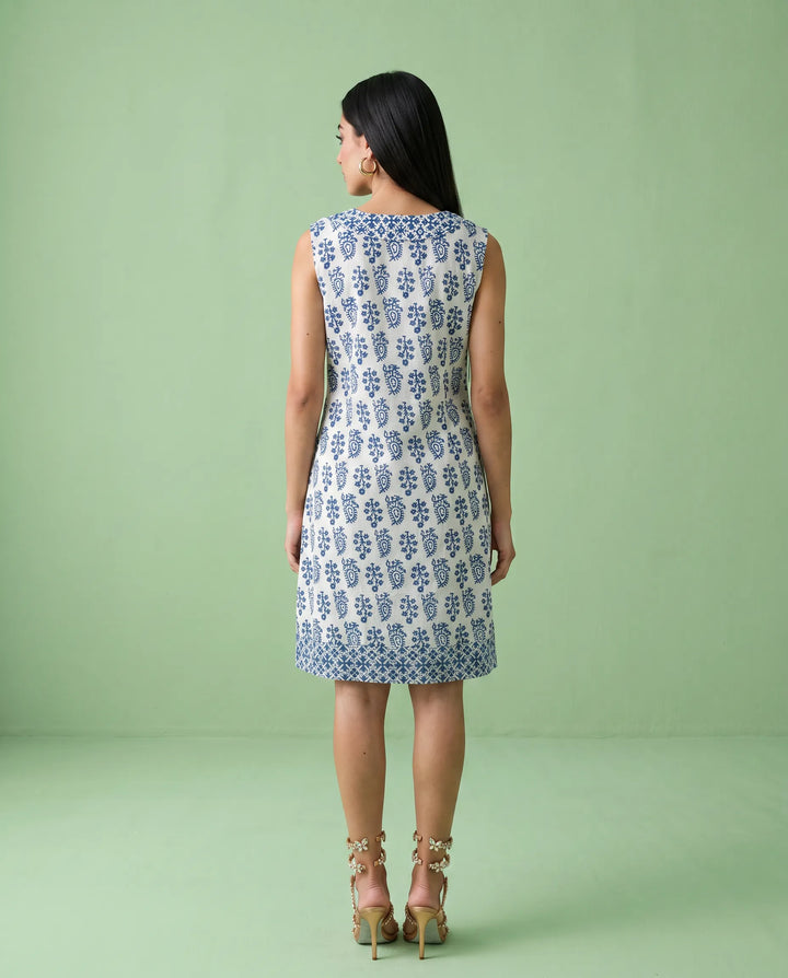 Blue Printed Pure Cotton Hand-Block Printed Midi Dress