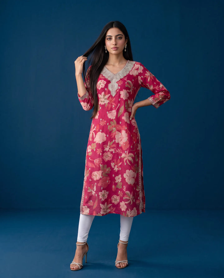 Magenta Embroidered Viscose Blended 3/4 Sleeves Straight Cut Long Kurta