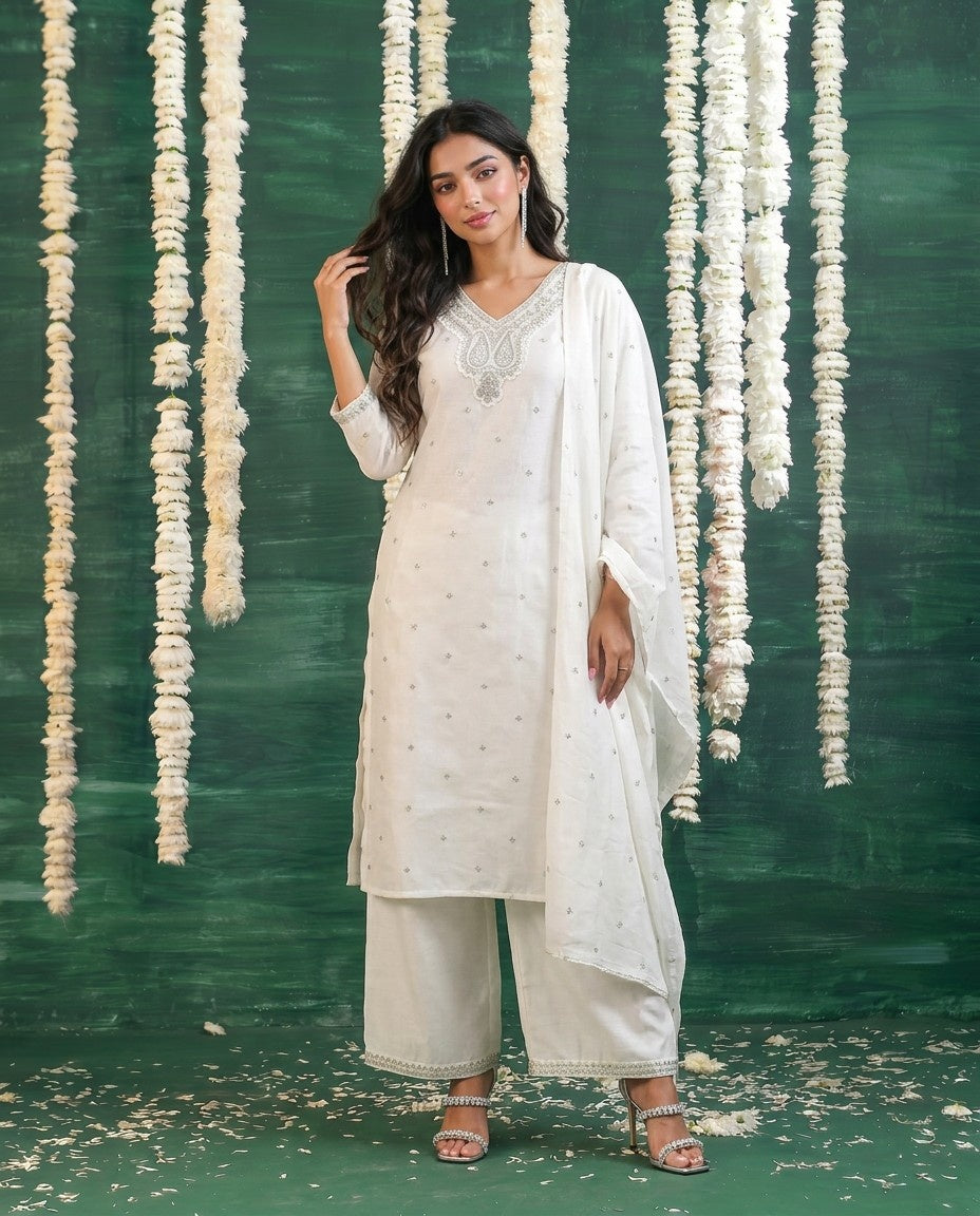 White Embriodered Silk Blended Kurta Bottom Dupatta Set