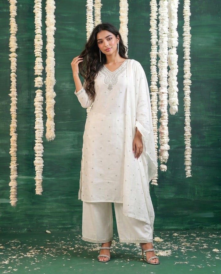 White Embriodered Silk Blended Kurta Bottom Dupatta Set