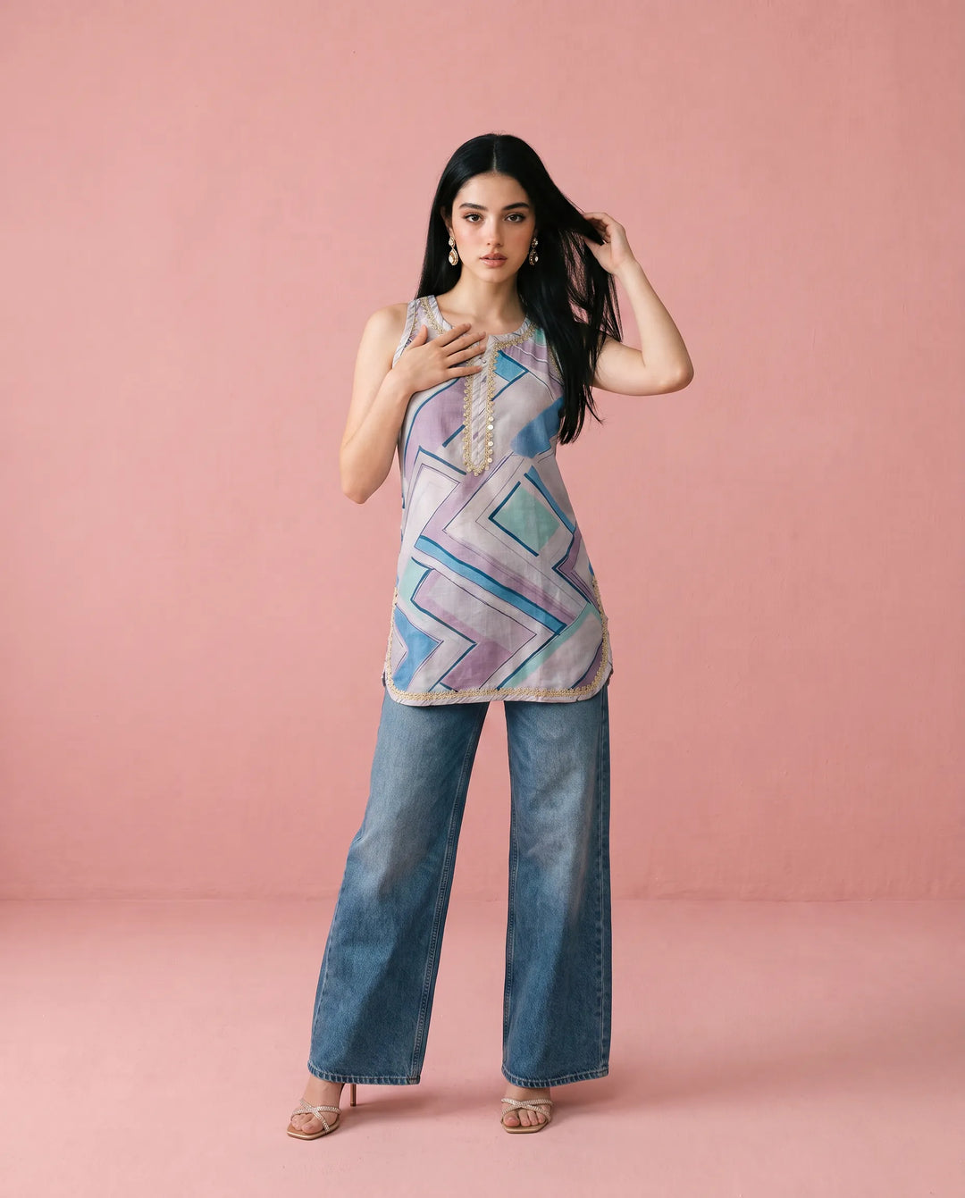 Purple Printed Cotton Blended Sleeveless Short Kurti