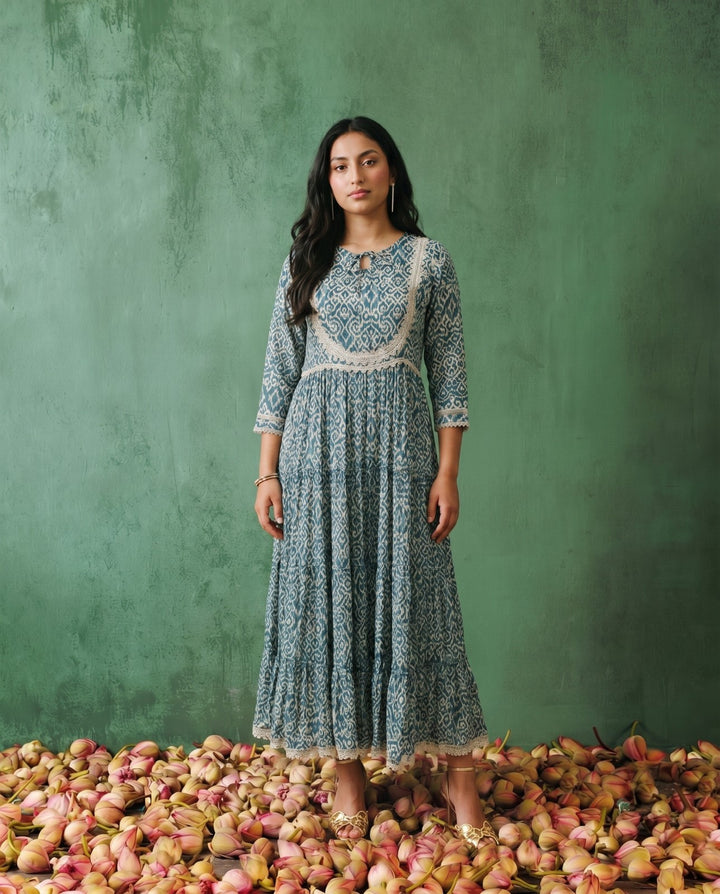 Blue Printed Silk Blended Maxi Dress