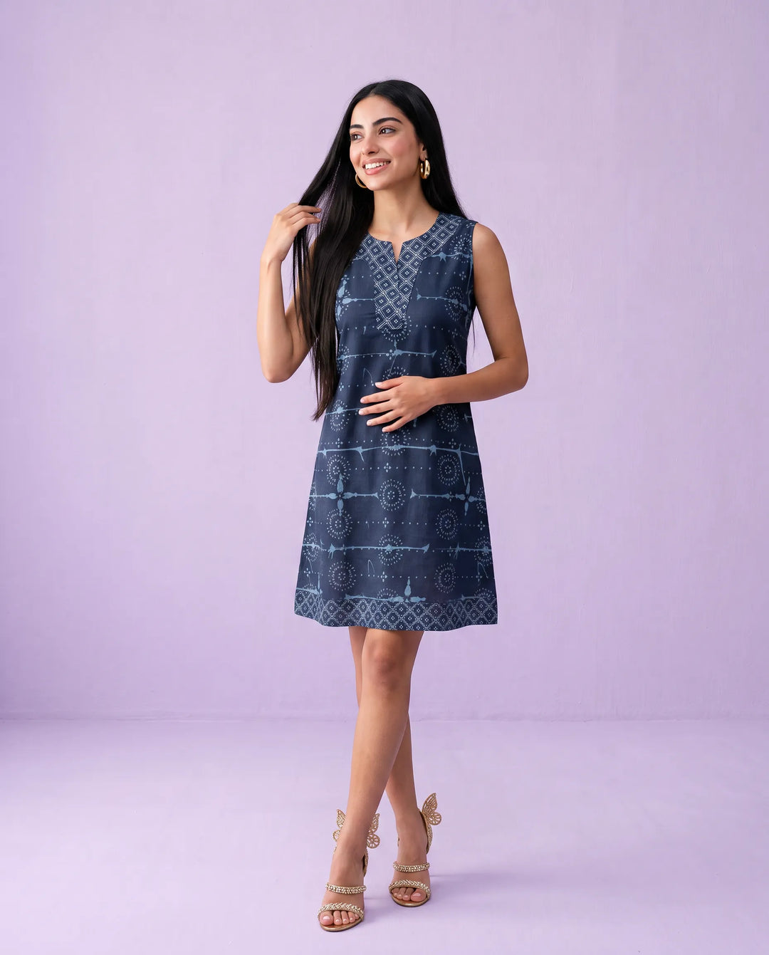 Navy Printed Cotton Midi Dress