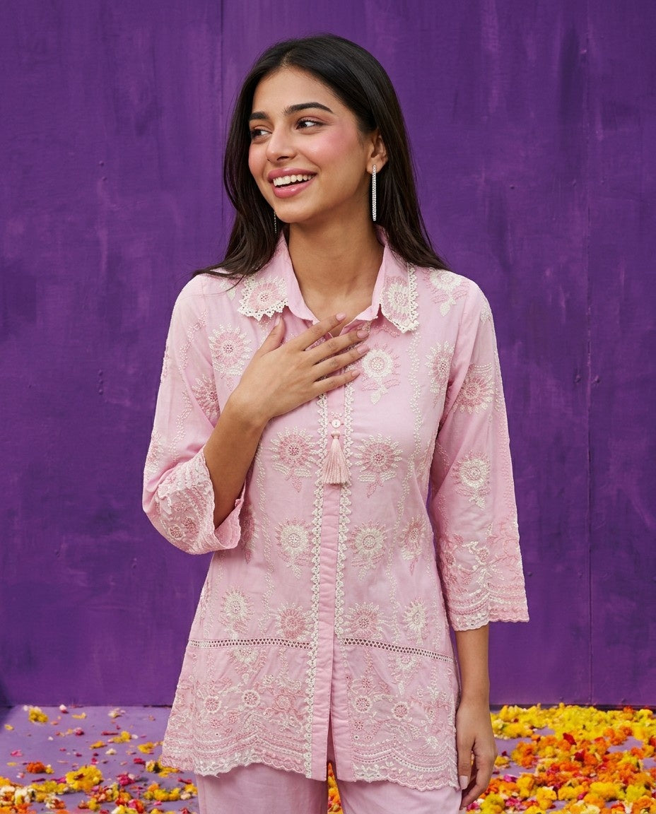 Pink Embroidered Cotton Satin Co-Ord Set