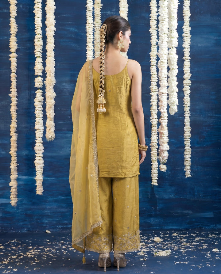 Yellow Embriodered Silk Blended Spaghetti Strap Kurta Bottom Dupatta Set