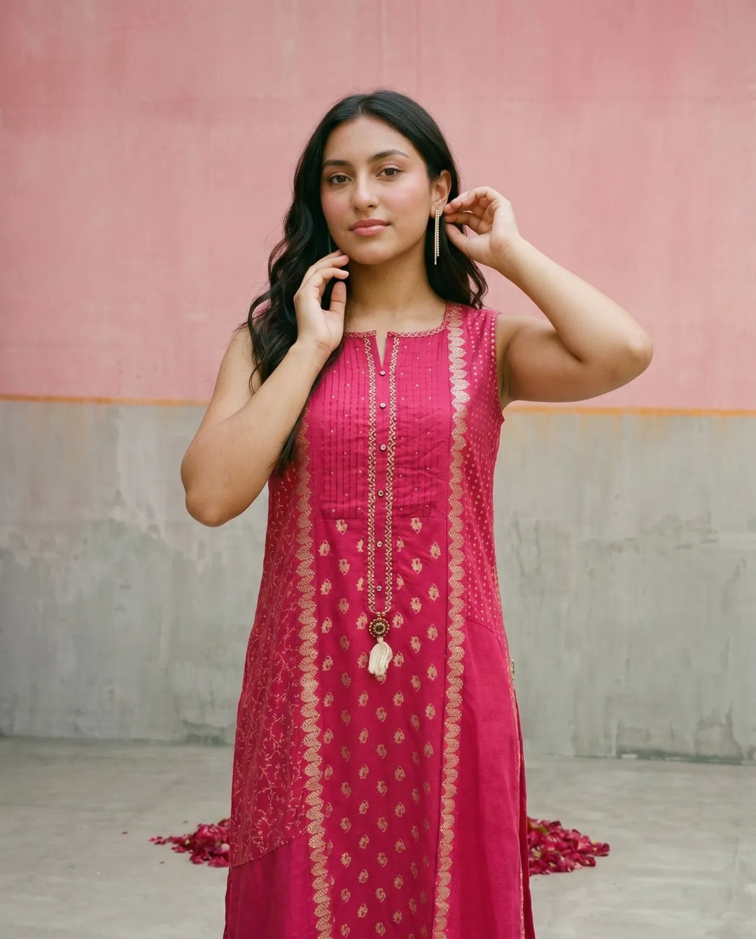 Pink Printed Rayon Sleeveless Maxi Dress