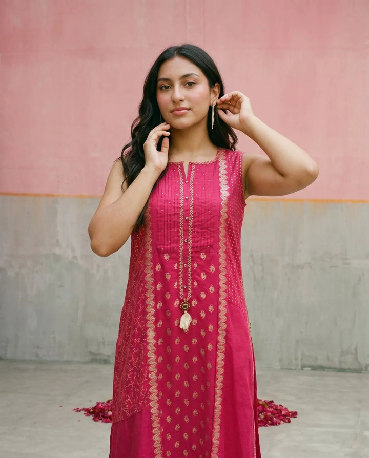 Pink Printed Rayon Sleeveless Maxi Dress