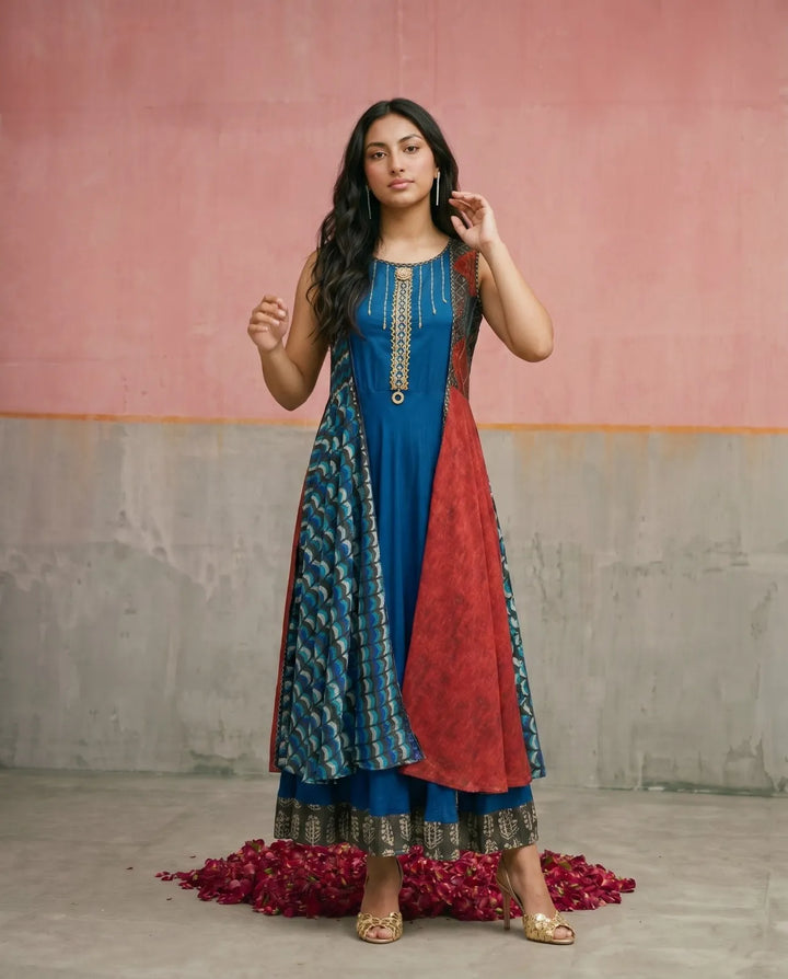 Navy Embriodered Rayon Sleeveless Maxi Dress