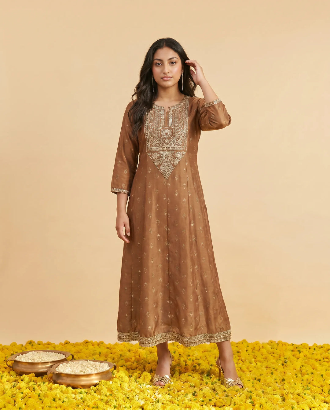 Brown Embriodered Rayon Maxi Dress