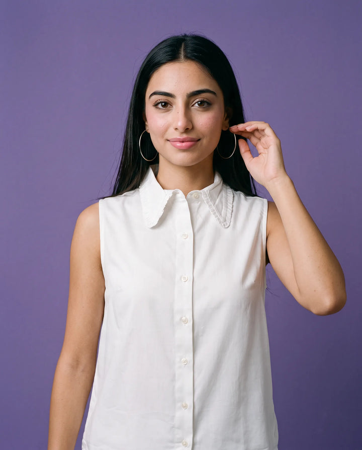 White Solid Cotton Satin Sleeveless Top