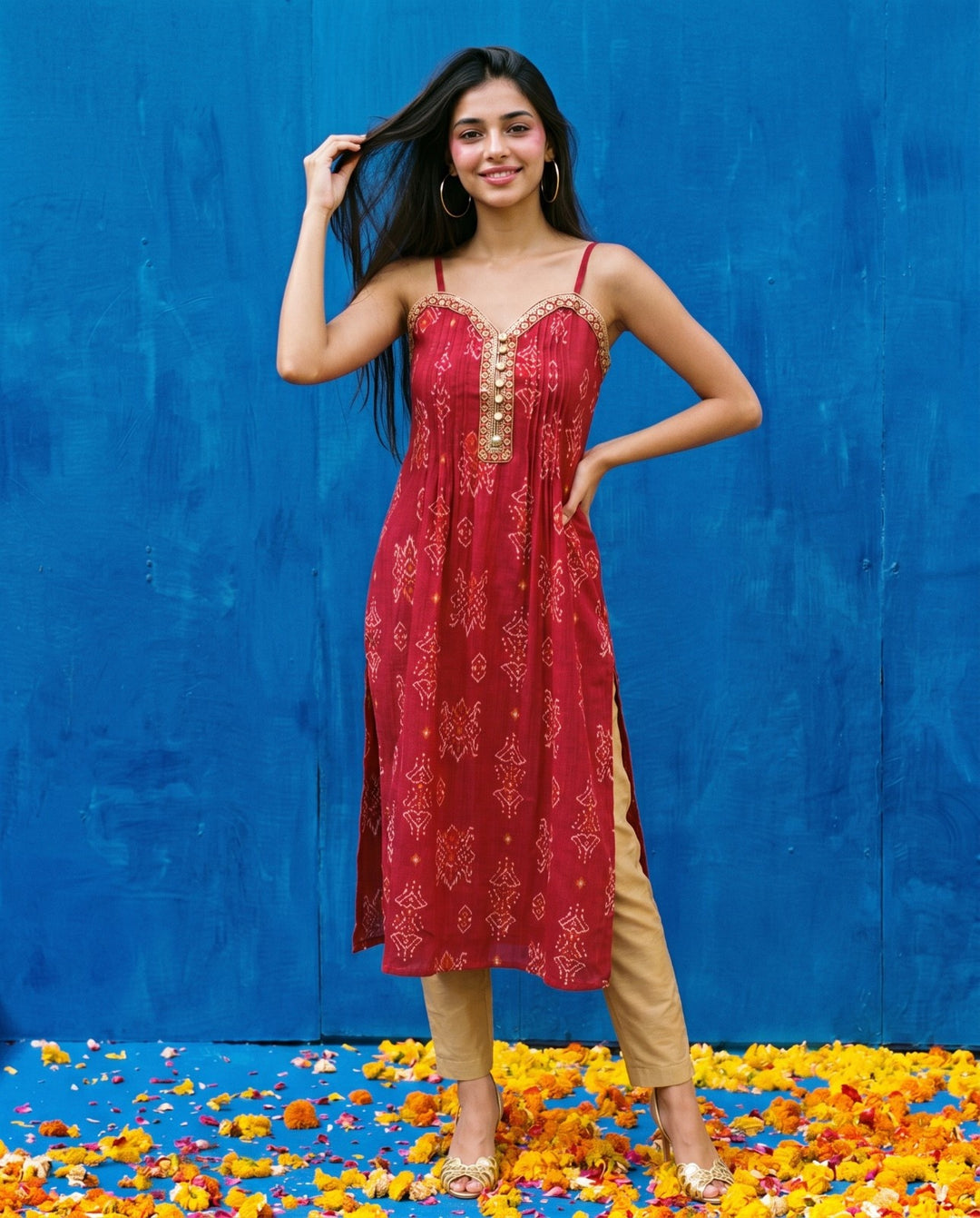 Magenta Embroidered Viscose Blended Spaghetti Strap A-Line Cut Long Kurta