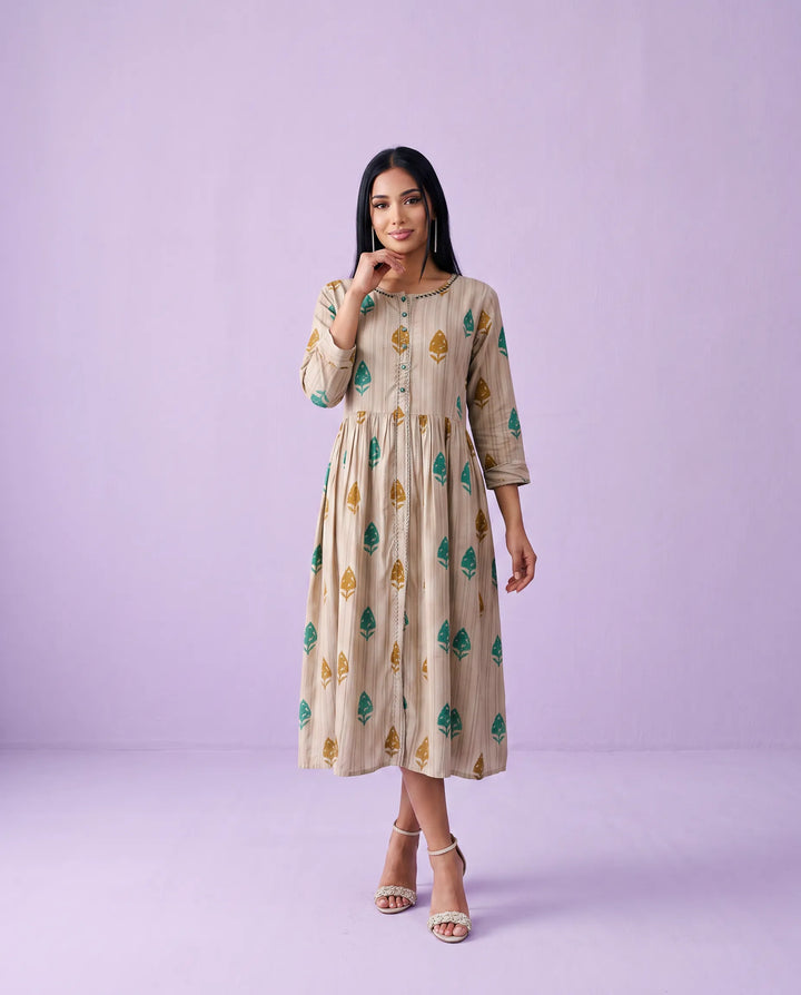 Beige Printed Cotton Maxi Dress