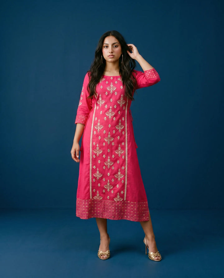 Magenta Embriodered Silk Blended Maxi Dress