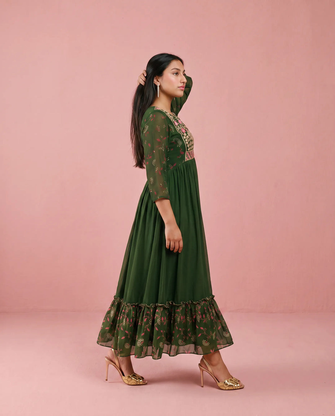Green Embriodered Georgette Maxi Dress