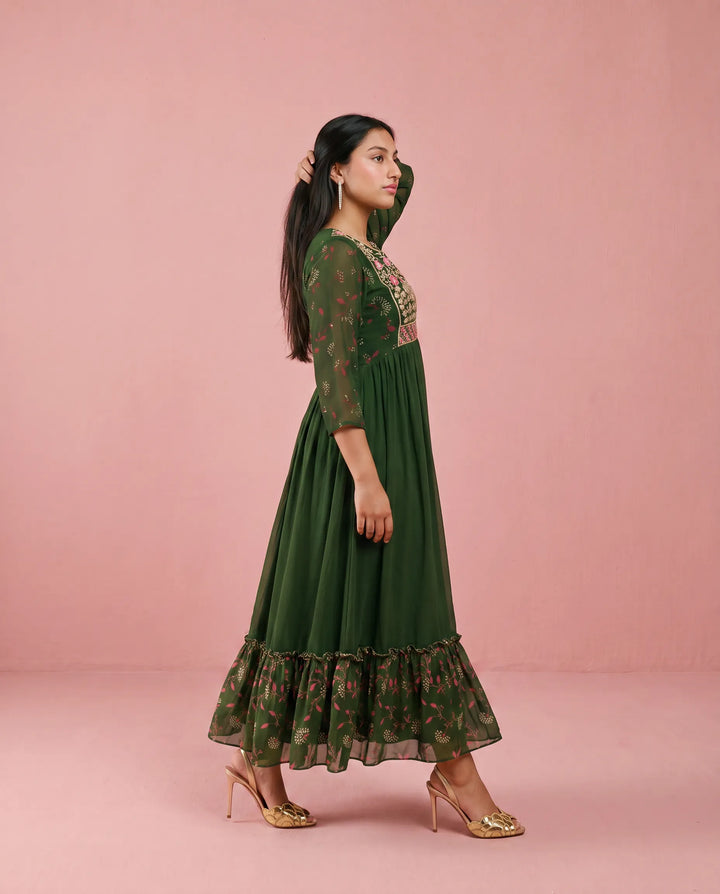 Green Embriodered Georgette Maxi Dress