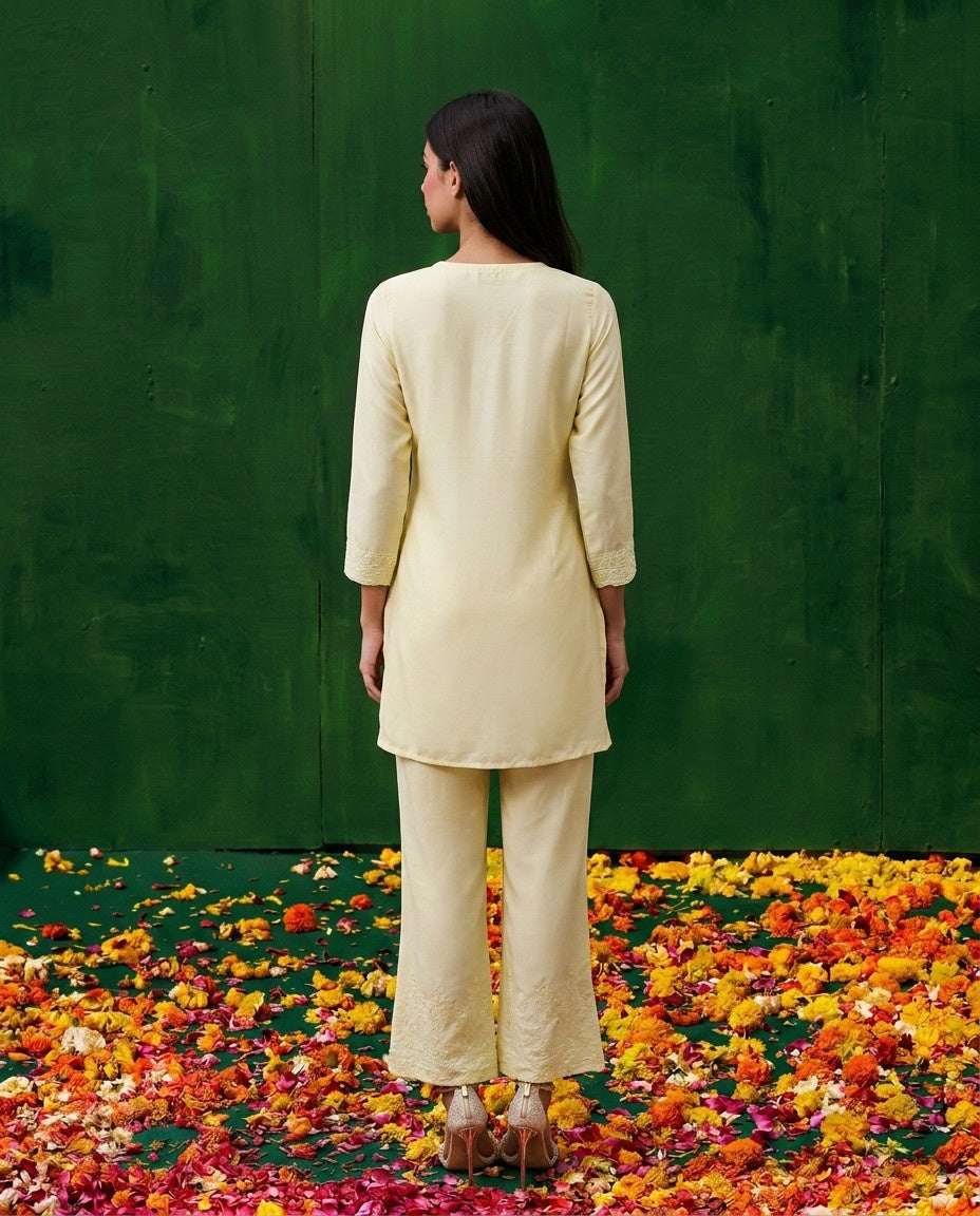Yellow Embriodered Cotton Satin Co-Ord Set