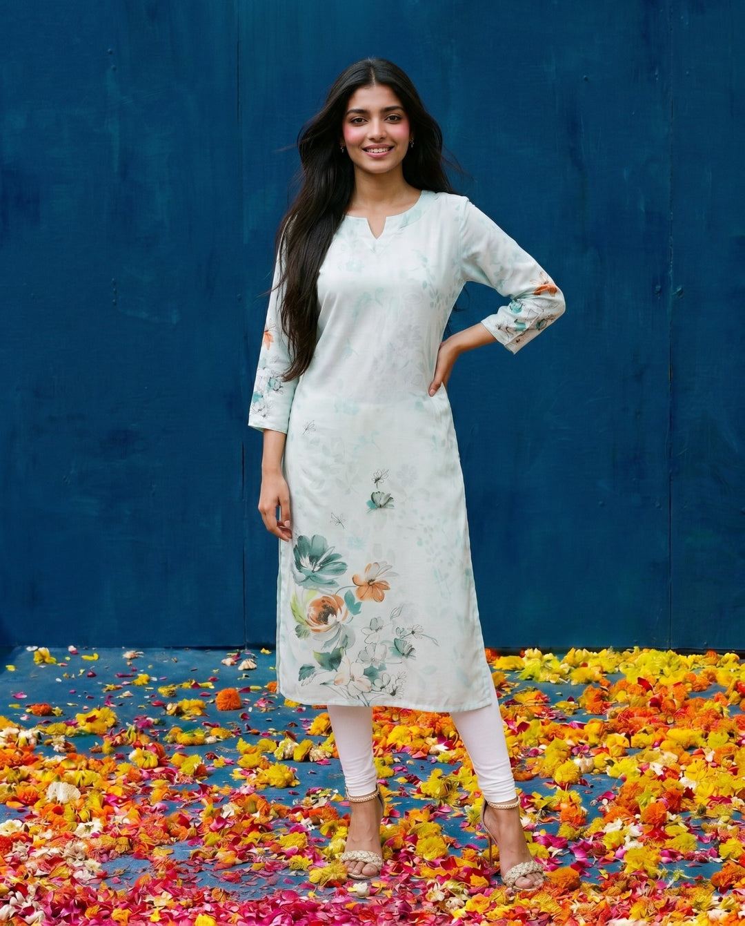 Blue Printed Crepe Silk Straight cut Long Kurta