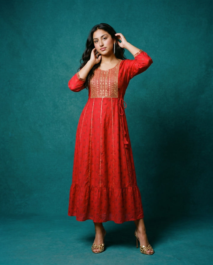 Red Embriodered Rayon Maxi Dress