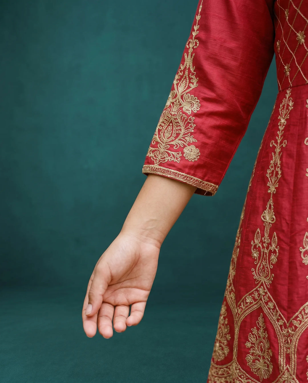 Red Embriodered Silk Blended Maxi Dress