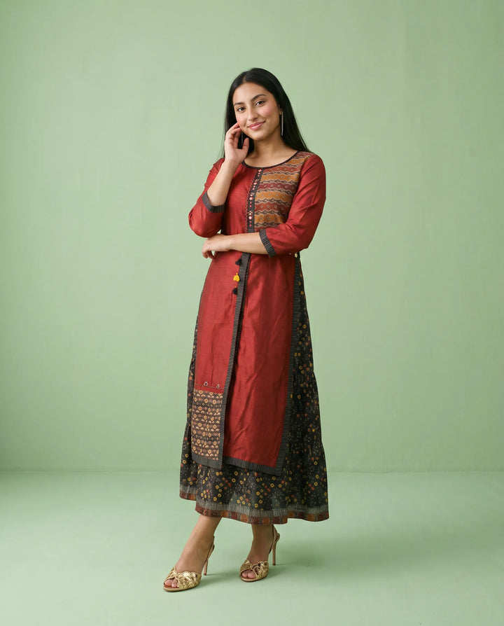 Maroon Printed Silk Blended Maxi Dress