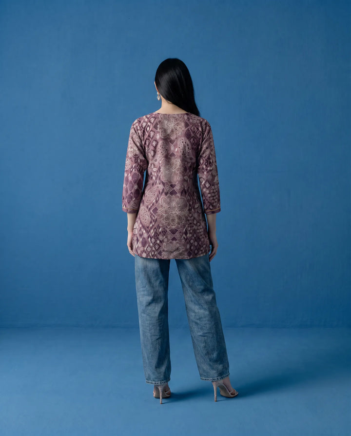 Purple Printed Cotton Short Kurti