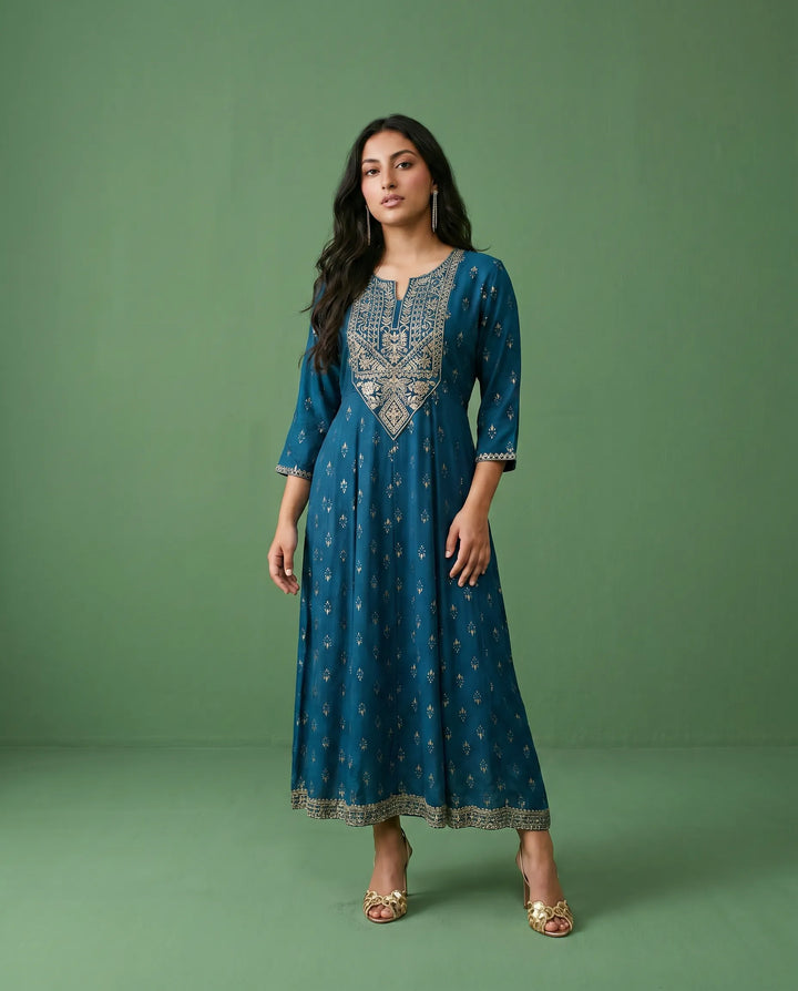 Blue Embriodered Rayon Maxi Dress