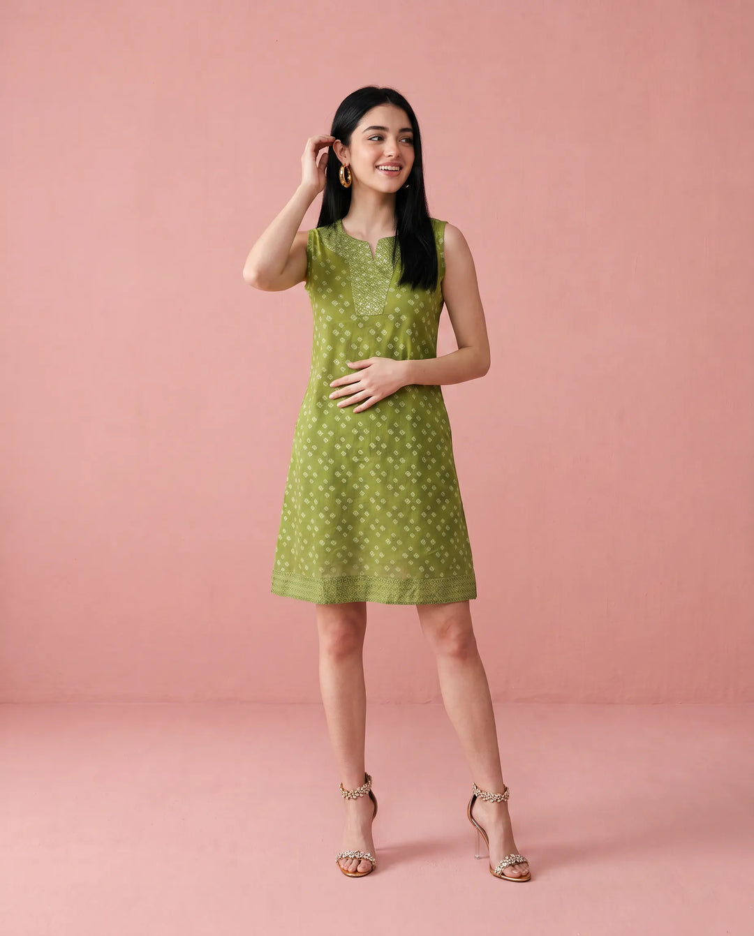 Green Printed Cotton Midi Dress