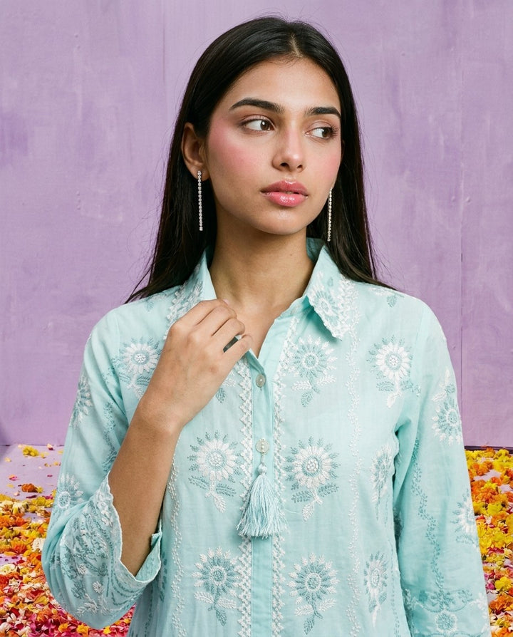 Sea Green Embroidered Cotton Satin Co-Ord Set