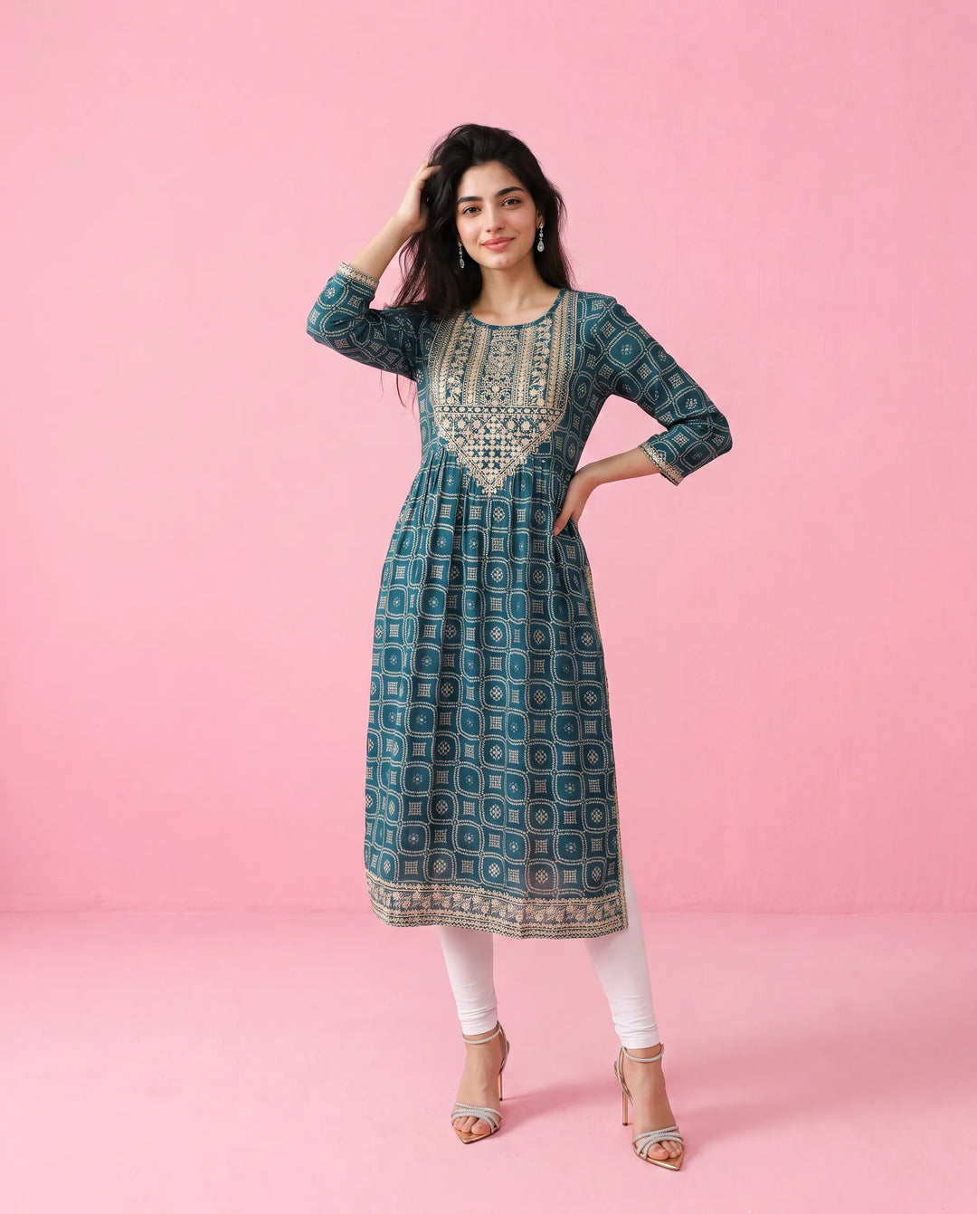 Teal Blue Embroidered Viscose Blended Straight Cut Long Kurta
