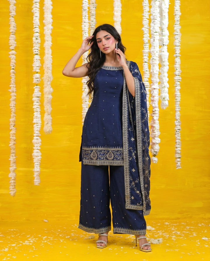 Navy Embriodered Silk Blended Sleeveless Kurta Bottom Dupatta Set