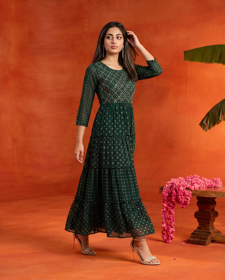 Bottle Green Embriodered Georgette Maxi Dress