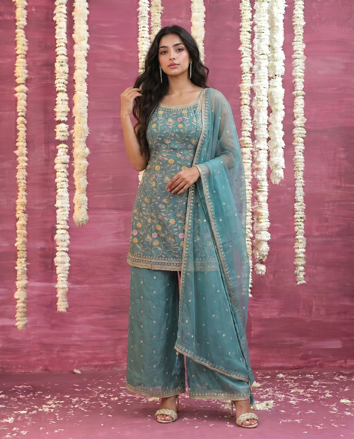 Turquoise Embriodered Silk Blended Spaghetti Strap Kurta Bottom Dupatta Set