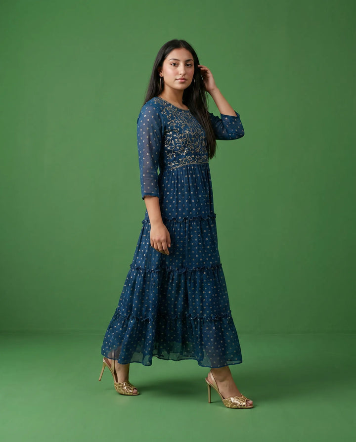 Navy Embriodered Georgette Maxi Dress