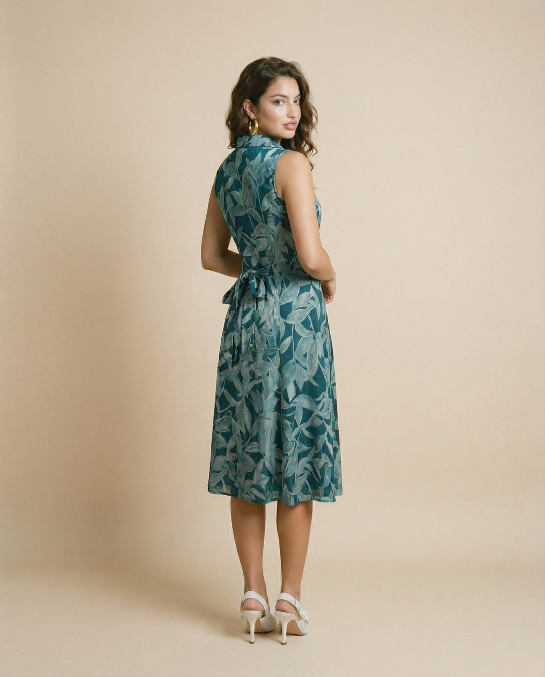 Teal Printed Viscose Blended Midi Dress