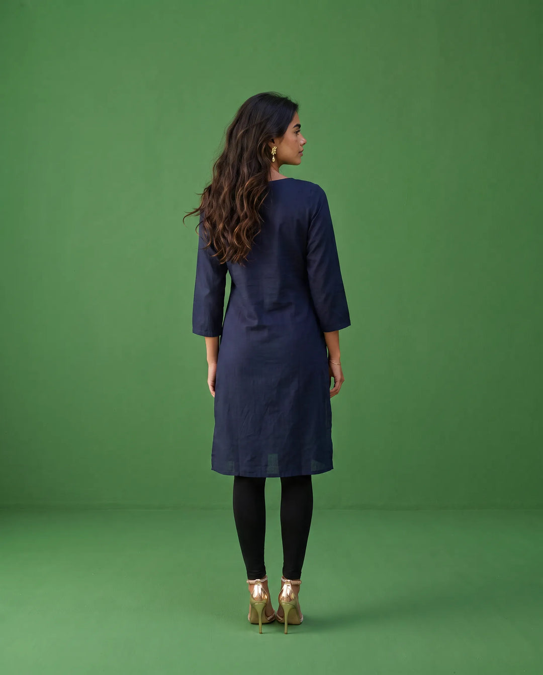 Navy Embroidered Cotton Straight cut Long Kurta