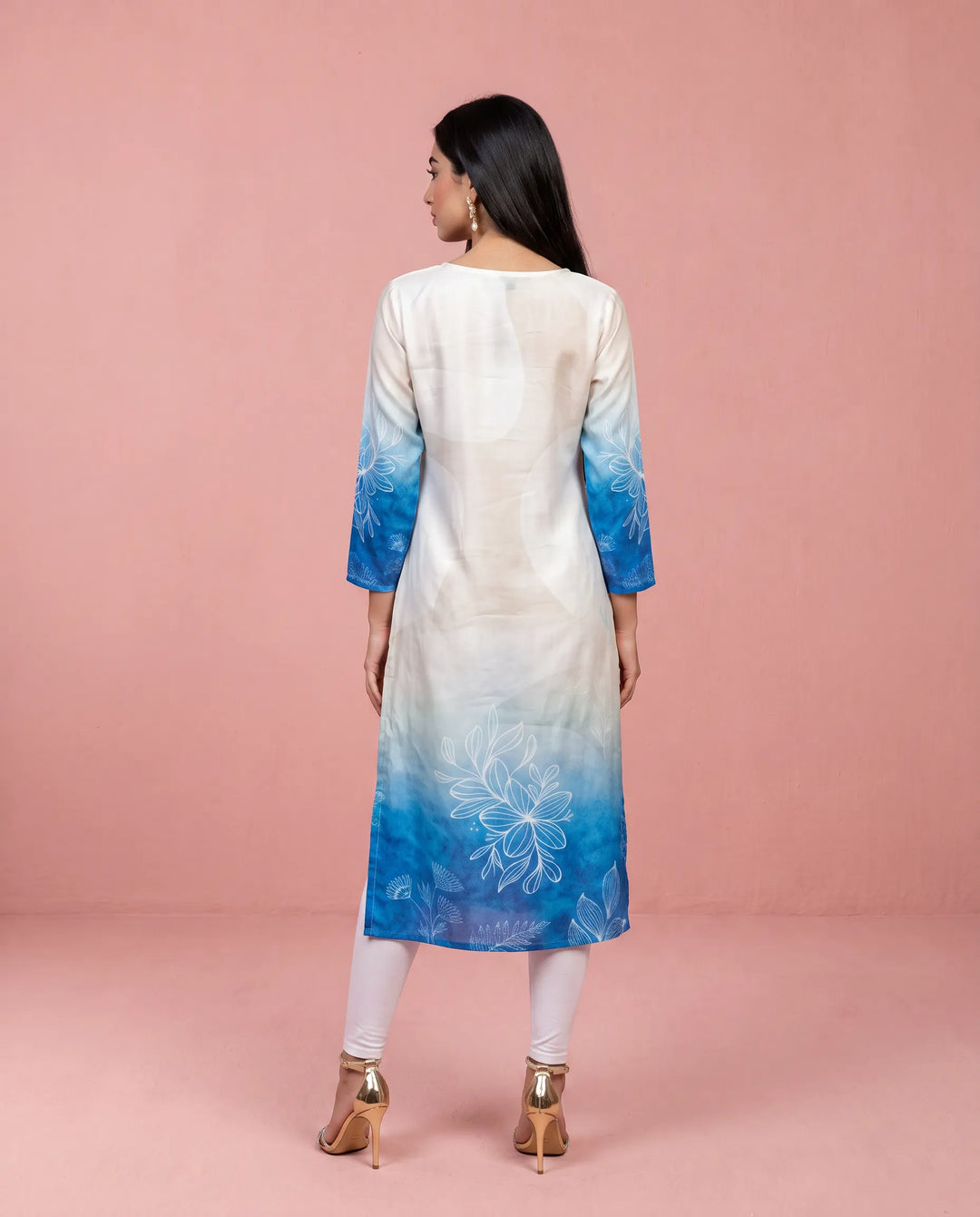 Cream and Royal Blue Printed Crepe Silk Straight cut Long Kurta