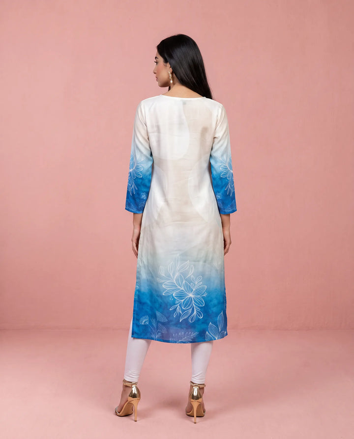 Cream and Royal Blue Printed Crepe Silk Straight cut Long Kurta