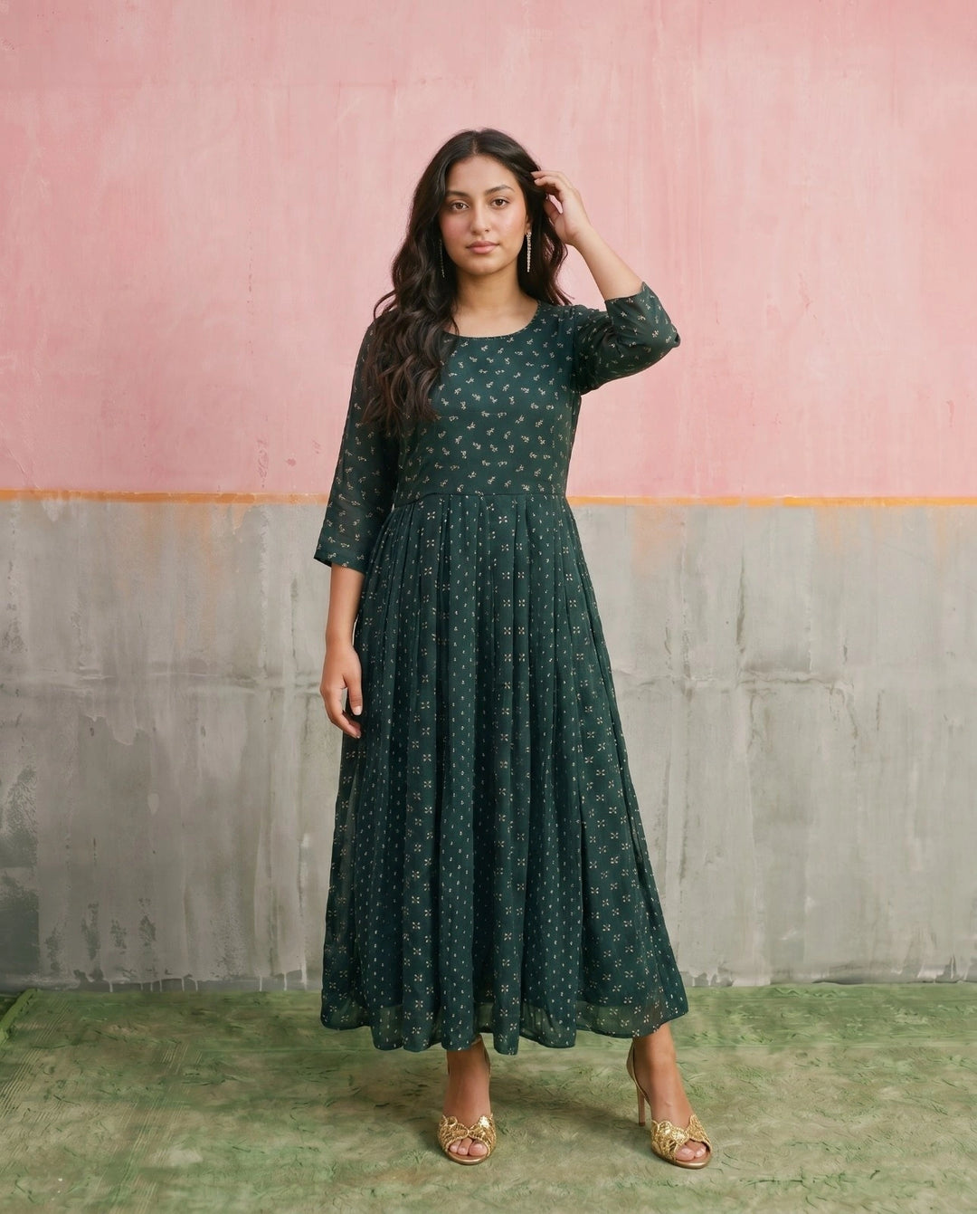 Bottle Green Printed Georgette Maxi Dress