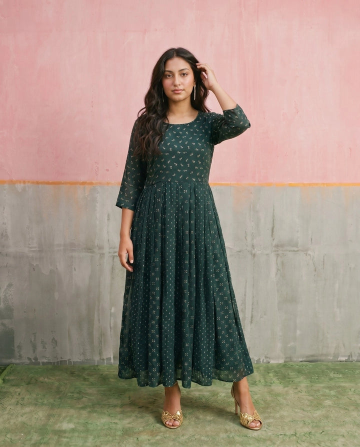 Bottle Green Printed Georgette Maxi Dress