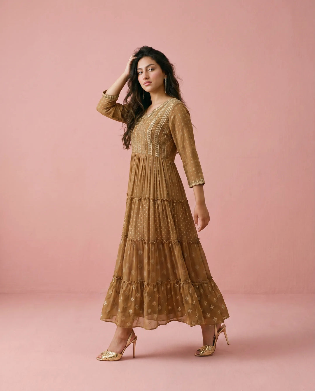 Brown Printed Georgette Maxi Dress