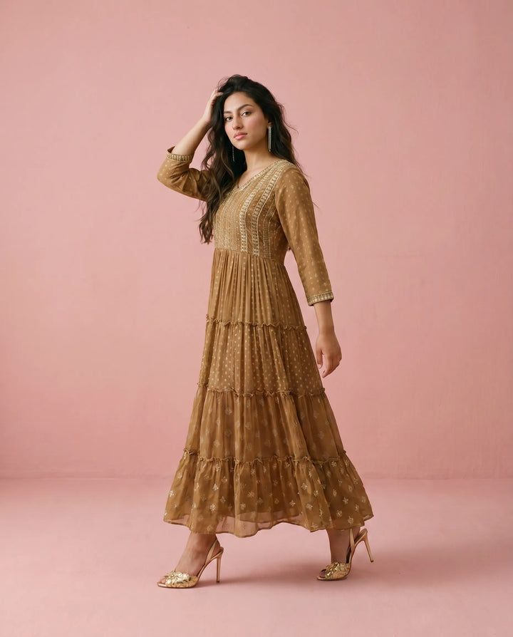 Brown Printed Georgette Maxi Dress
