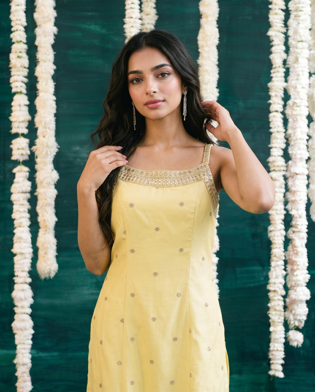 Yellow Embroidered Viscose Blended Spaghetti Strap Straight Cut Long Kurta