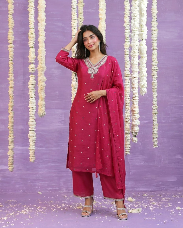 Magenta Embriodered Silk Blended Kurta Bottom Dupatta Set