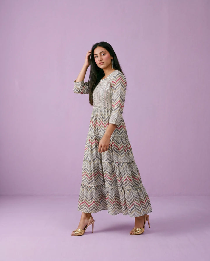 Multi Colour Embriodered Viscose Blended Maxi Dress