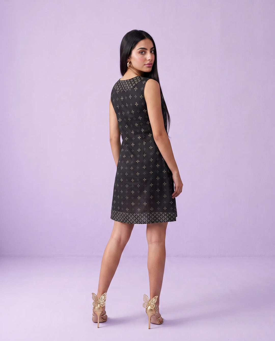 Black Printed Cotton Midi Dress