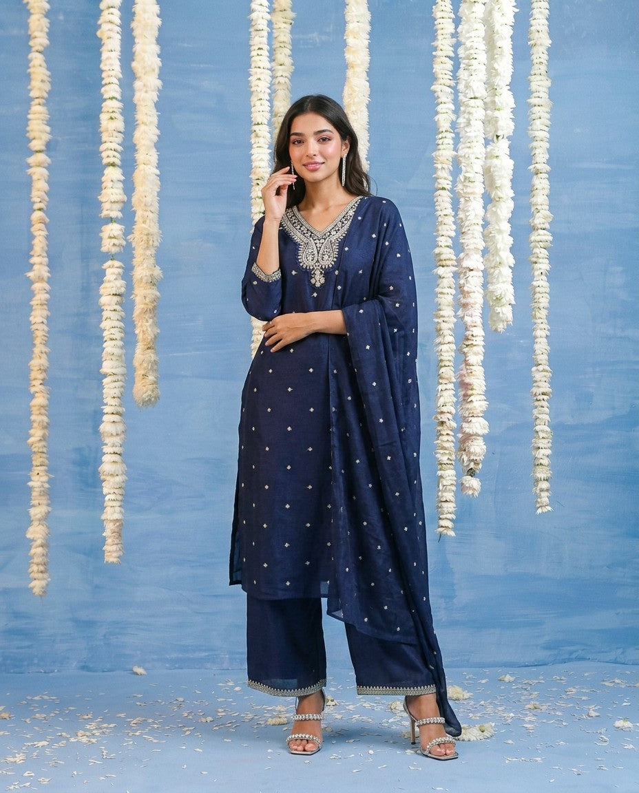 Navy Embriodered Silk Blended Kurta Bottom Dupatta Set