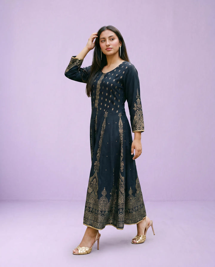 Black Printed Rayon Maxi Dress