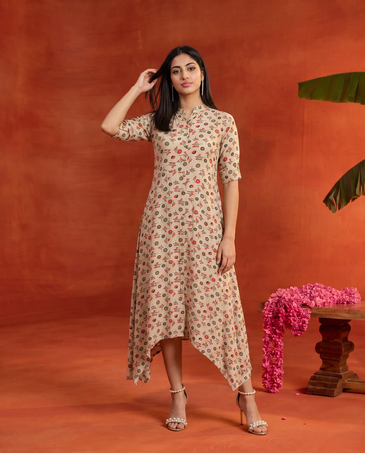 Orange Printed Rayon Maxi Dress