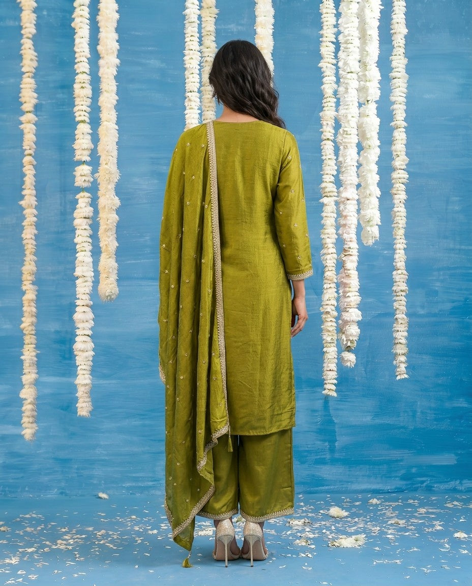 Olive Embriodered Silk Blended Kurta Bottom Dupatta Set